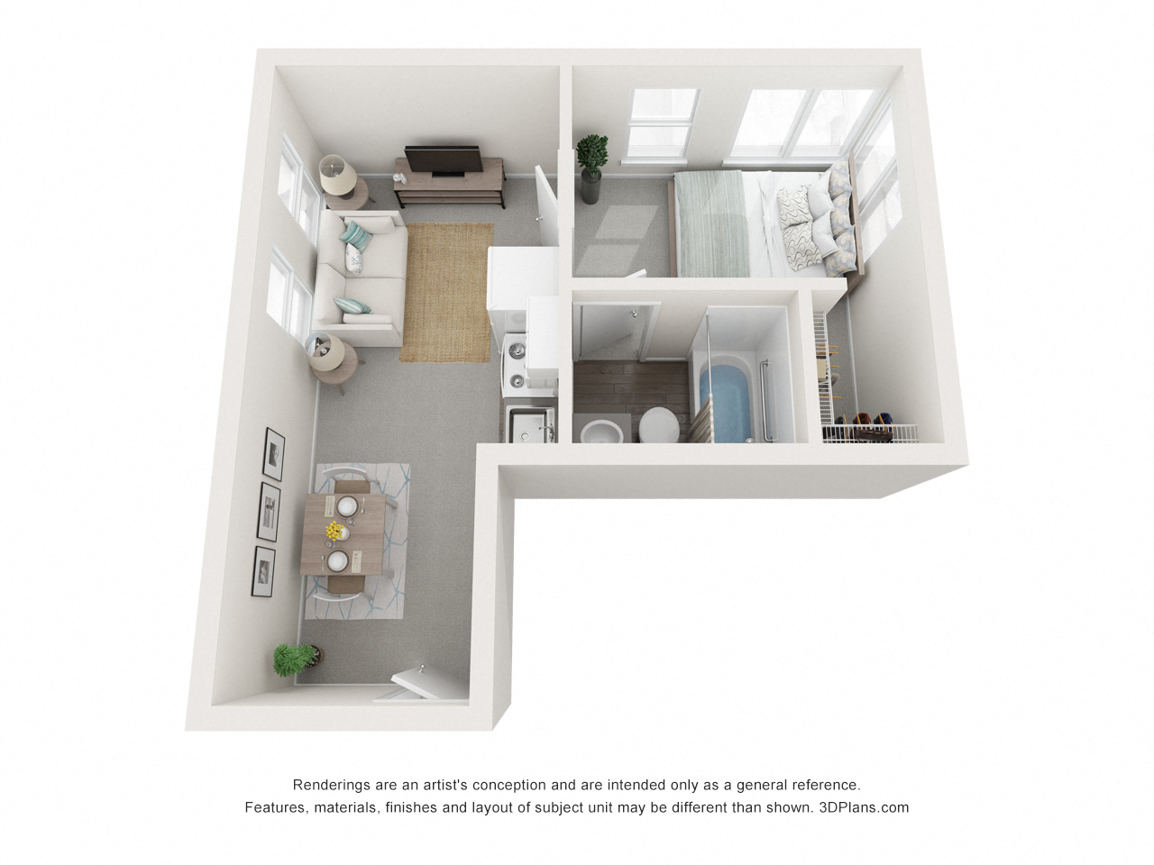 Floor plan for 1 bed, 1 bath, 452 sqft